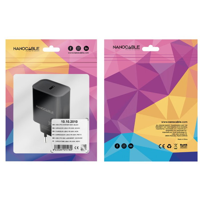 Nanocable Cargador USB-C PD 30W Negro 10.10.2010 Nanocable Cargador USB-C PD 30W Negro 10.10.2010